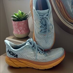 Hoka Women's Sky Blue and Tangerine Athletic Sneakers Clifton 8